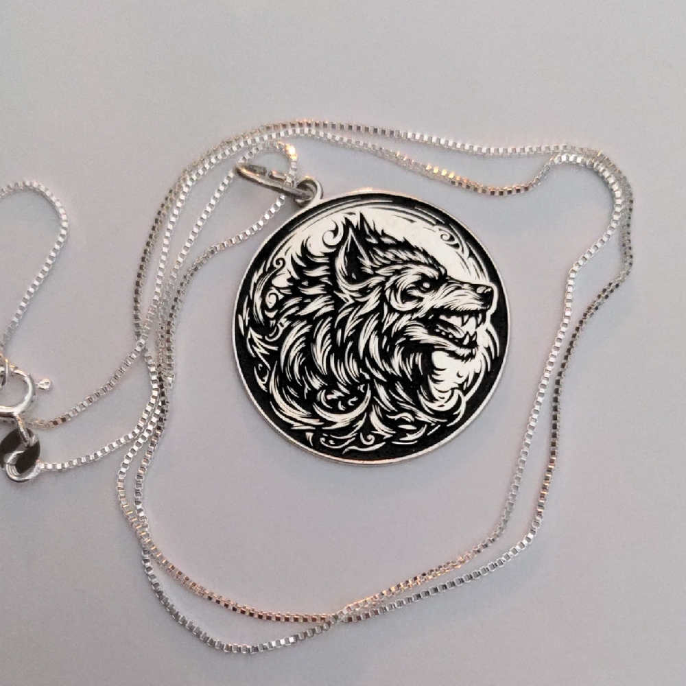Sterling Silver Wolf Pendant Necklace, Vintage, 20" 925 Chain. Viking